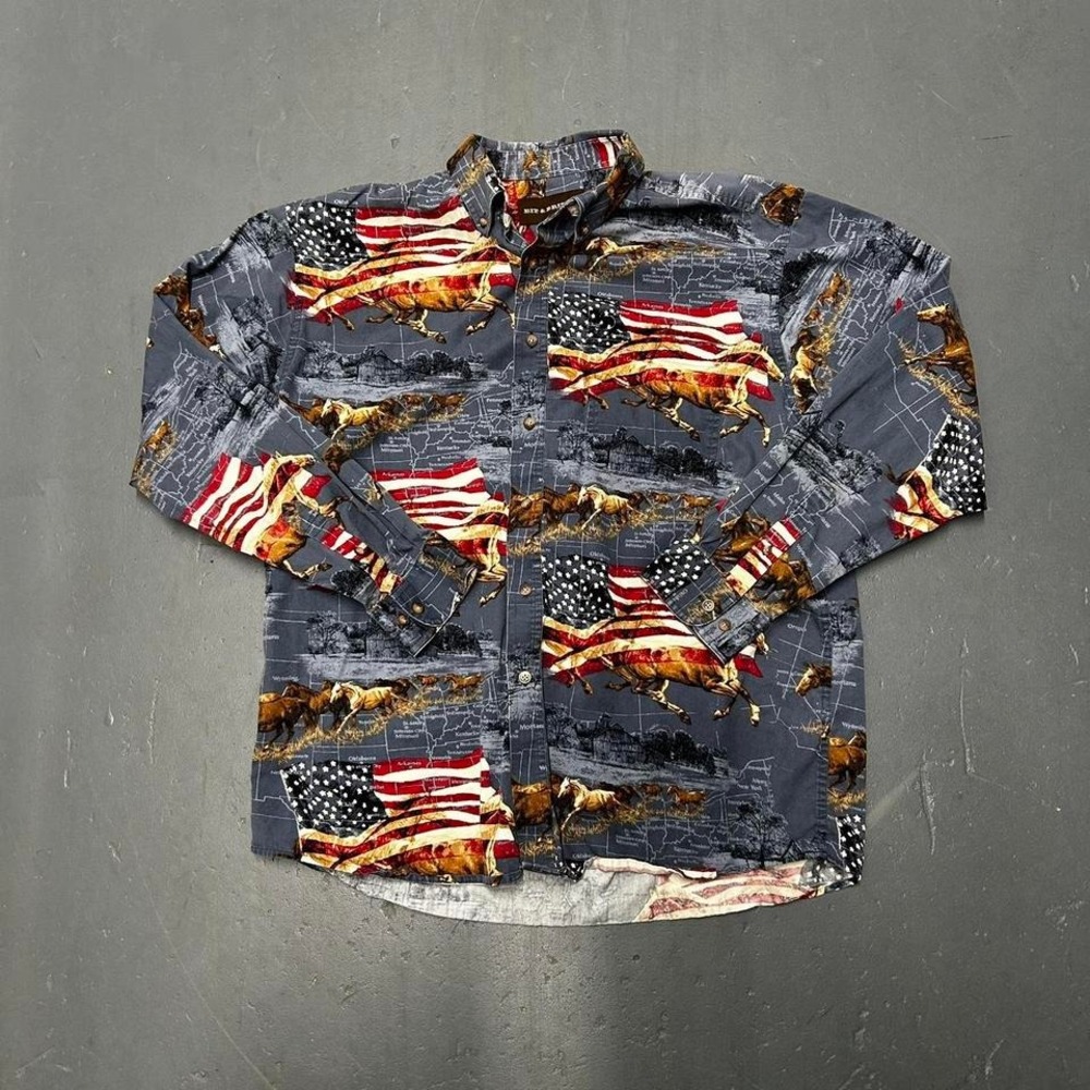 Vintage western style horses and American flags all over print button up Shirt
